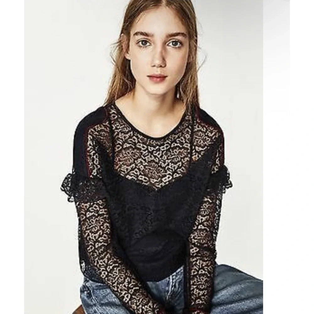 (B6) Zara Navy Blue Floral Lace Long Sleeve Blouse Red Piping Sheer Top XS NWT
